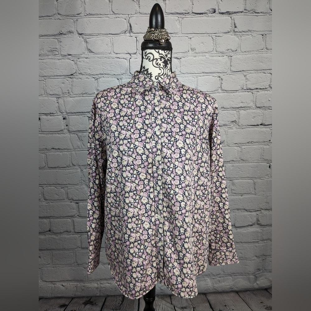 Chaps women's long sleeve button front floral print plus sz 1x 100% cotton BBIN
